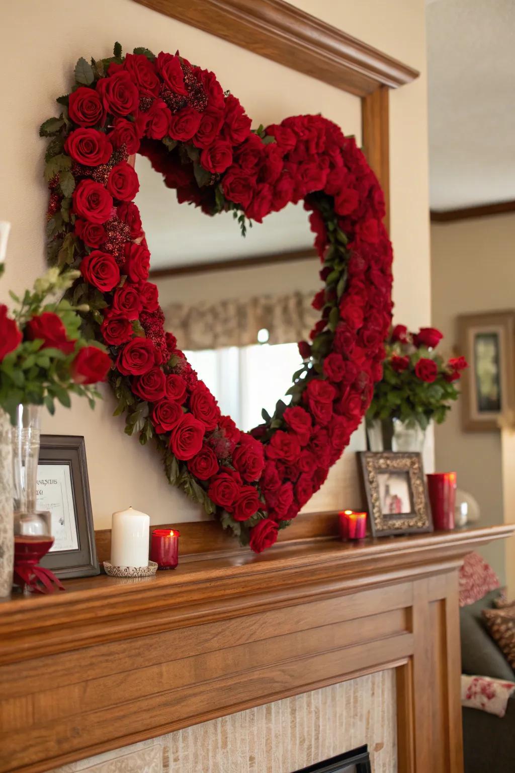 A spirited heart-shaped garland imparts allure to the mantel.