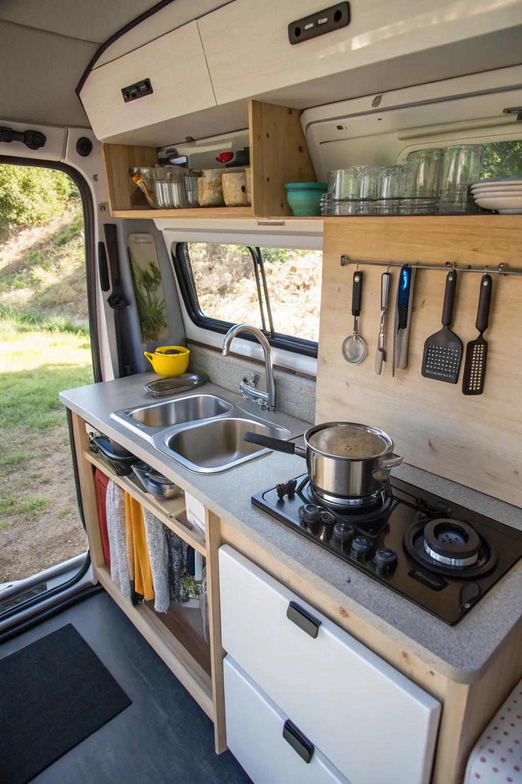 A perfectly arranged, compact kitchen designed for van life.