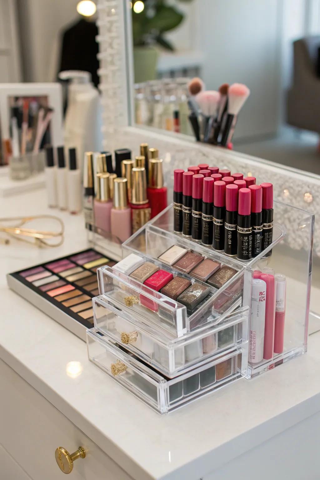 See-through acrylic organizers keep your vanity neat and fashionable.