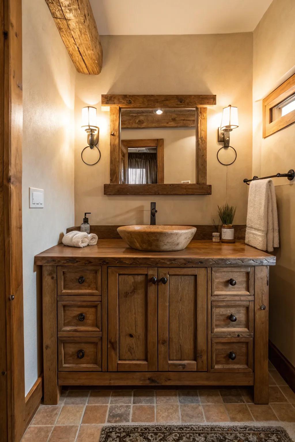 A country-style vanity showing off beautiful wood textures.