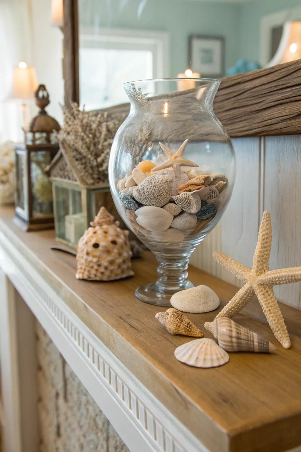 Introduce a hint of the seaside through shells as vase ornamentation.