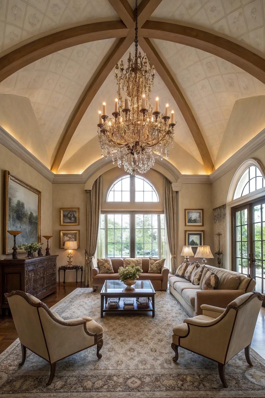 A chandelier acts as a captivating focal point when installed under a vaulted ceiling.