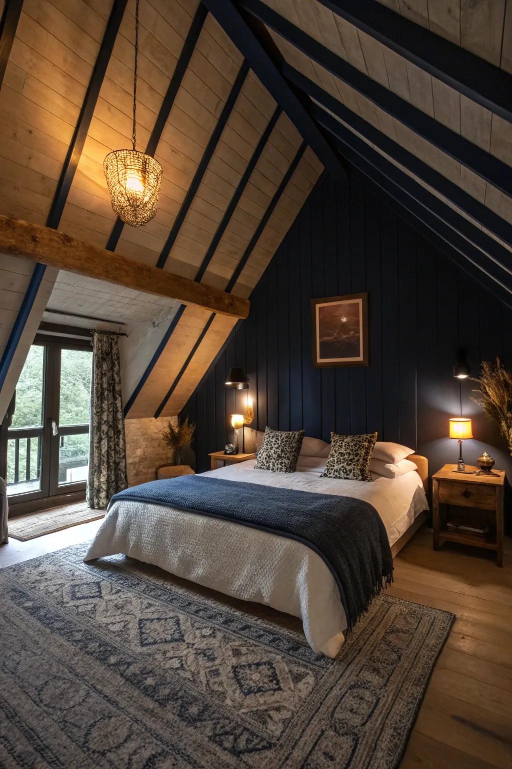 A dark high ceiling provides drama and coziness to a bedroom.