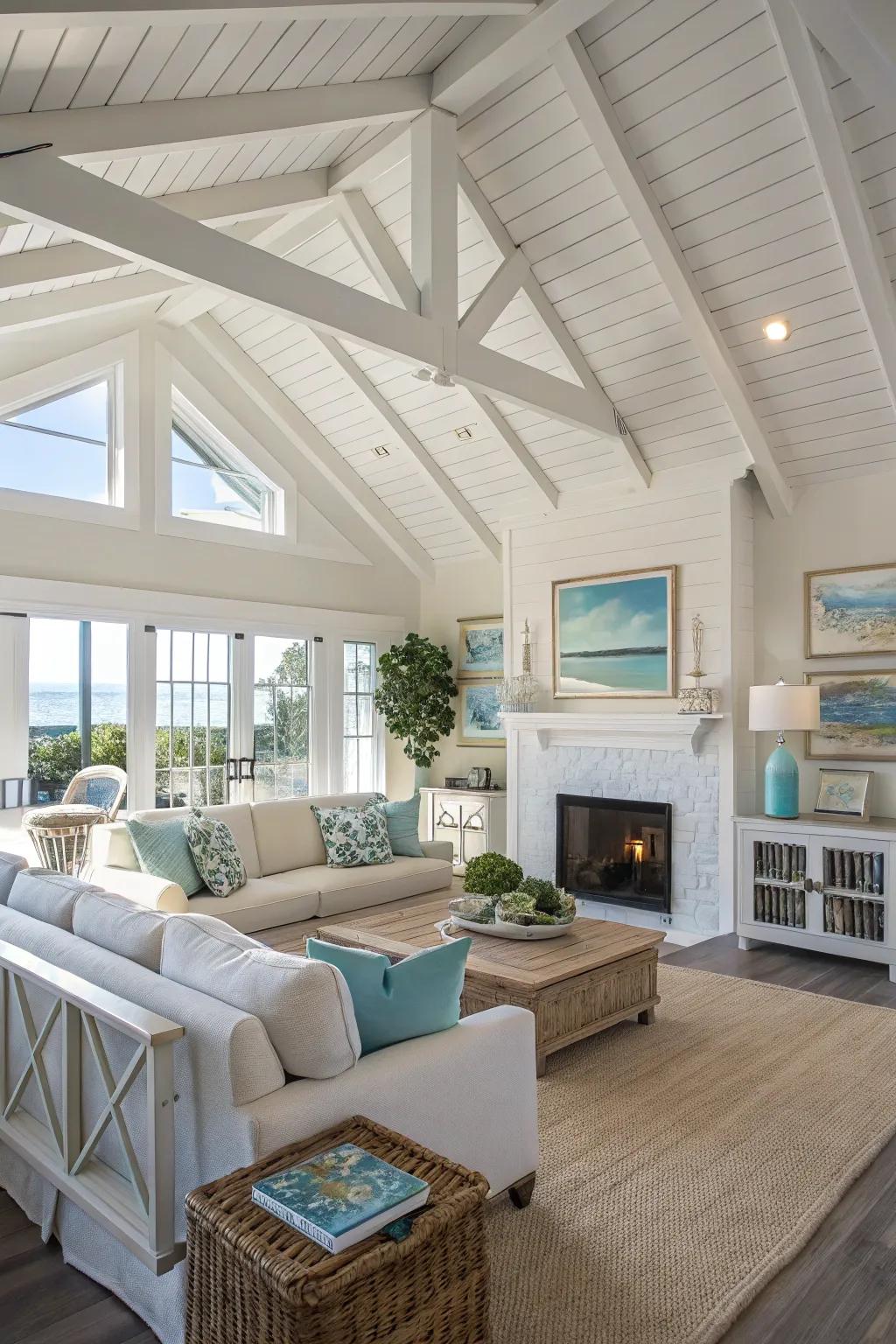 A luminous and breezy living space where chalked beams accentuate the vaulted ceiling.