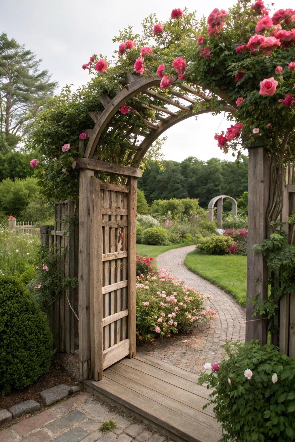 An arched gateway richly adorned with vibrant blossoms.