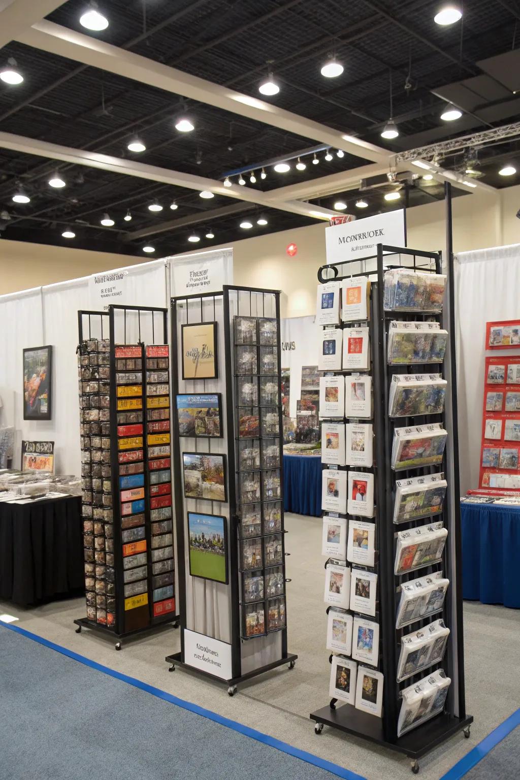 Ingenious application of vertical space through high racks and displays.