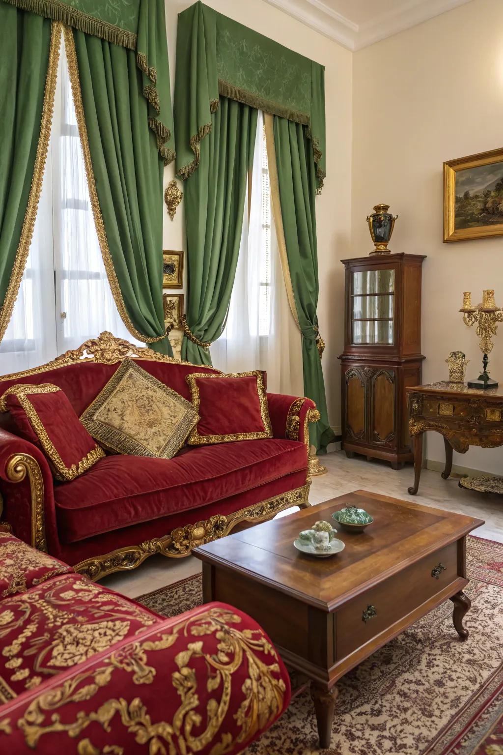 A Venetian-inspired living room displaying vibrant colors and rich textures.