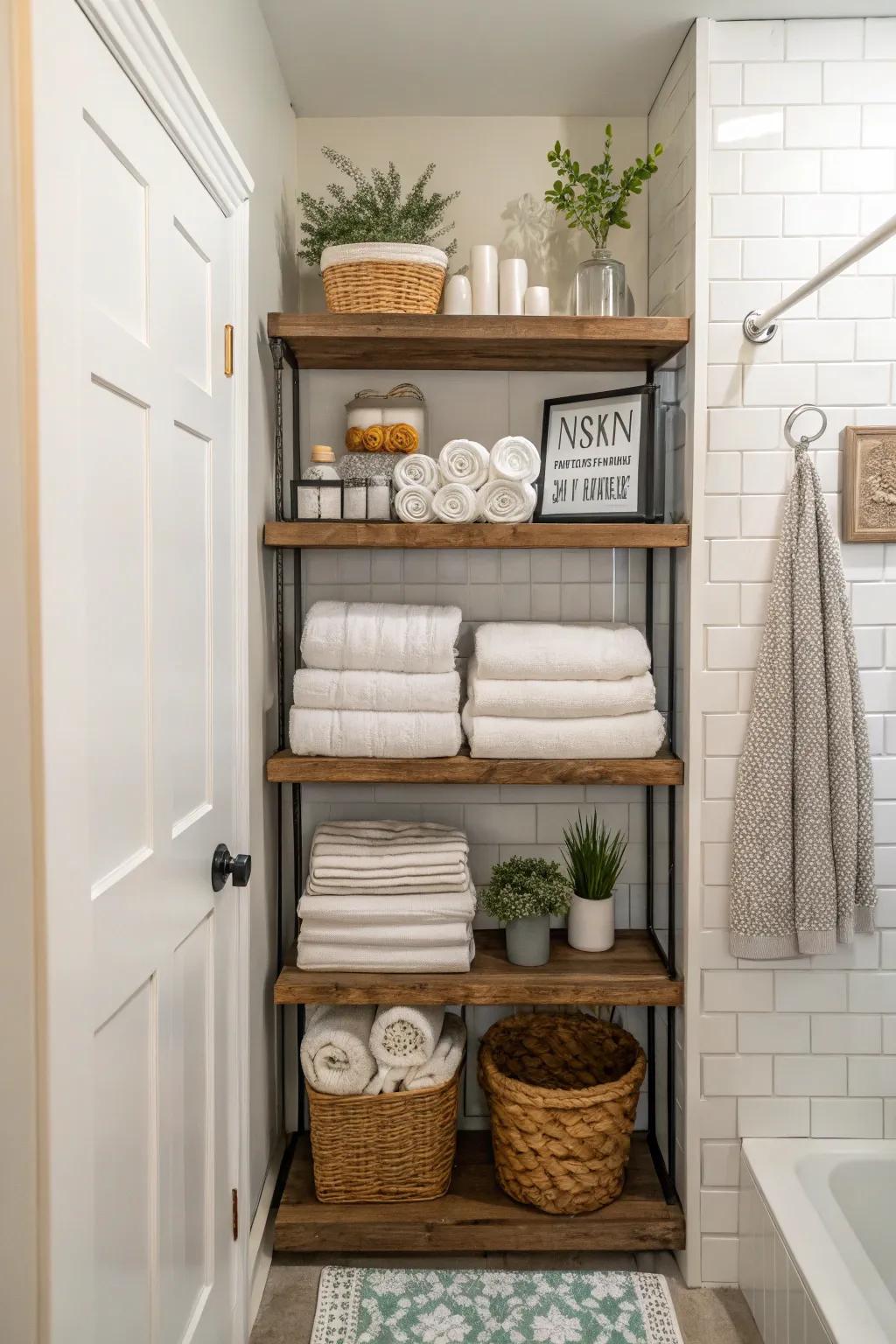 Tall shelving improves storage and keeps things neat.