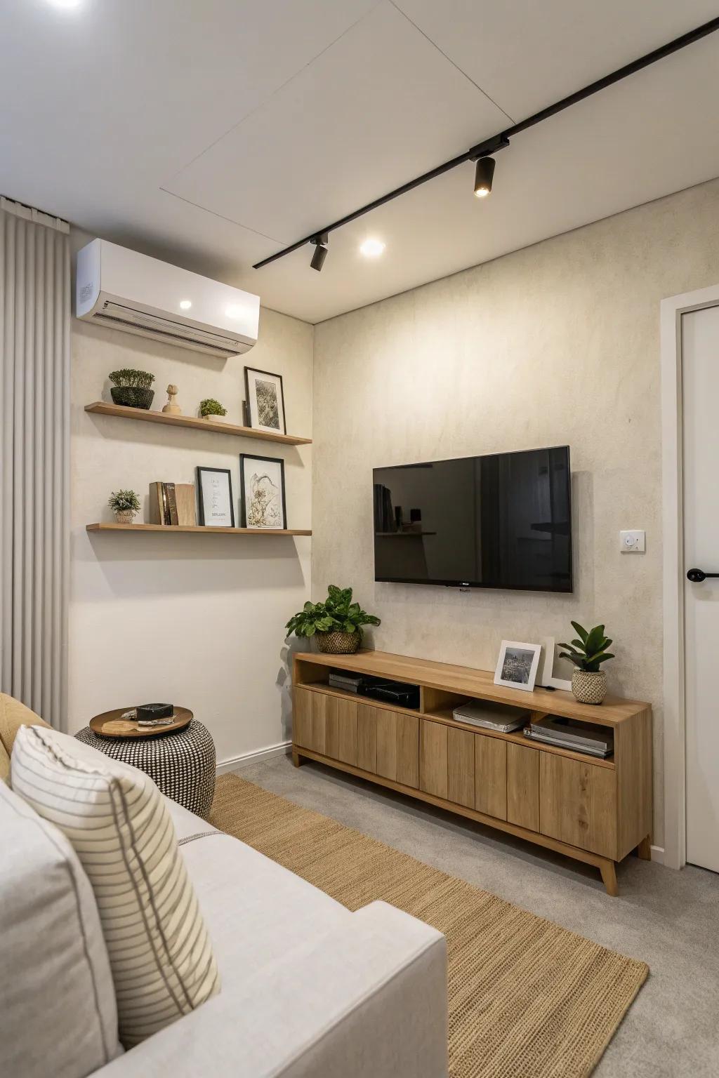 A wall-affixed TV conserves space and introduces a modern element
