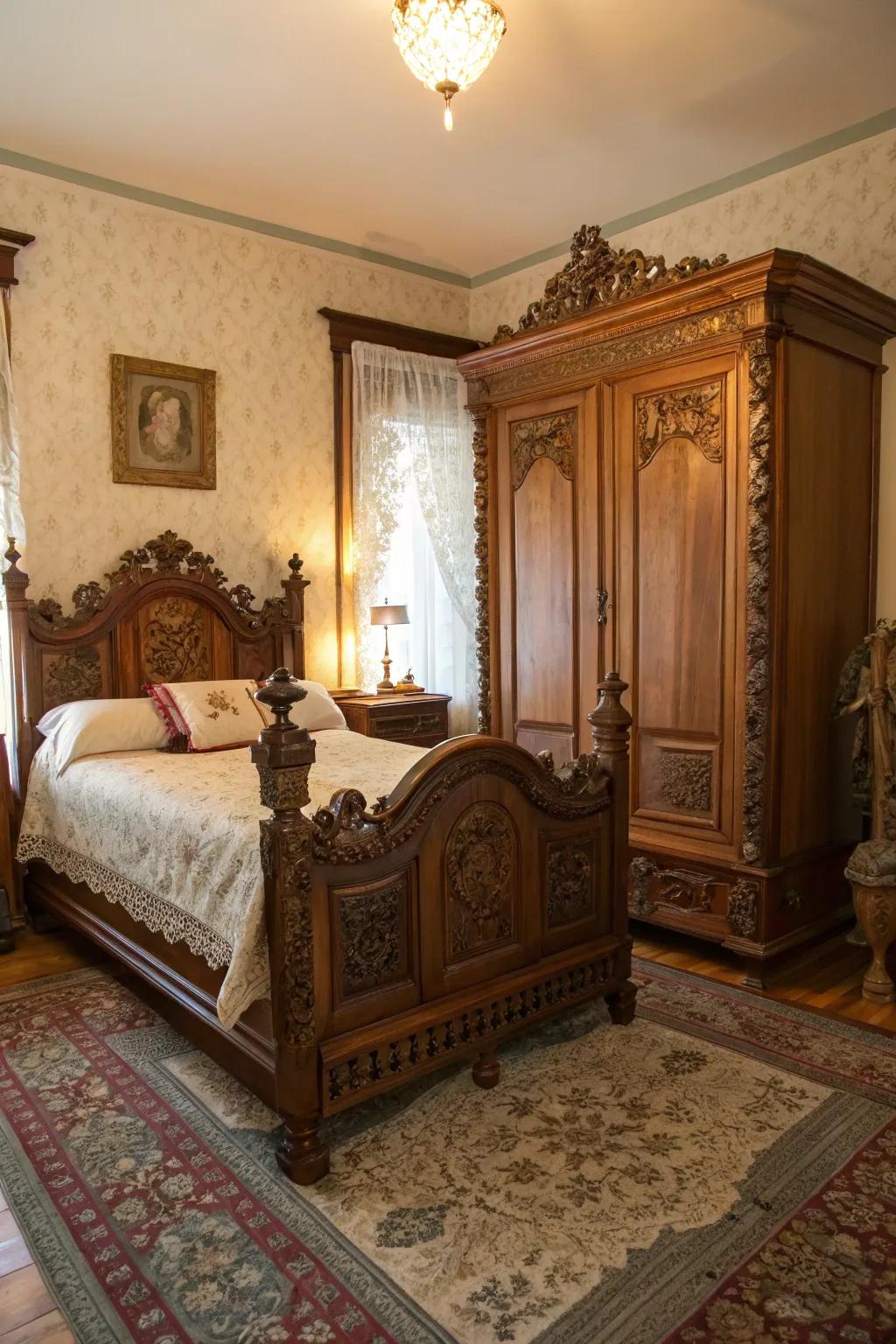 Ornate antique furniture gives genuineness to a Victorian bedroom.