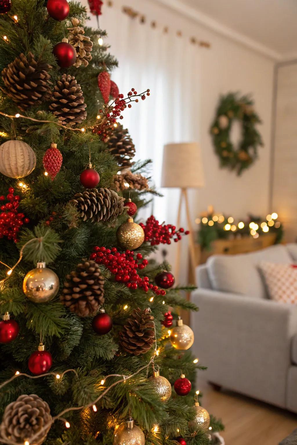 Natural elements such as pinecones and berries give a rustic charm.