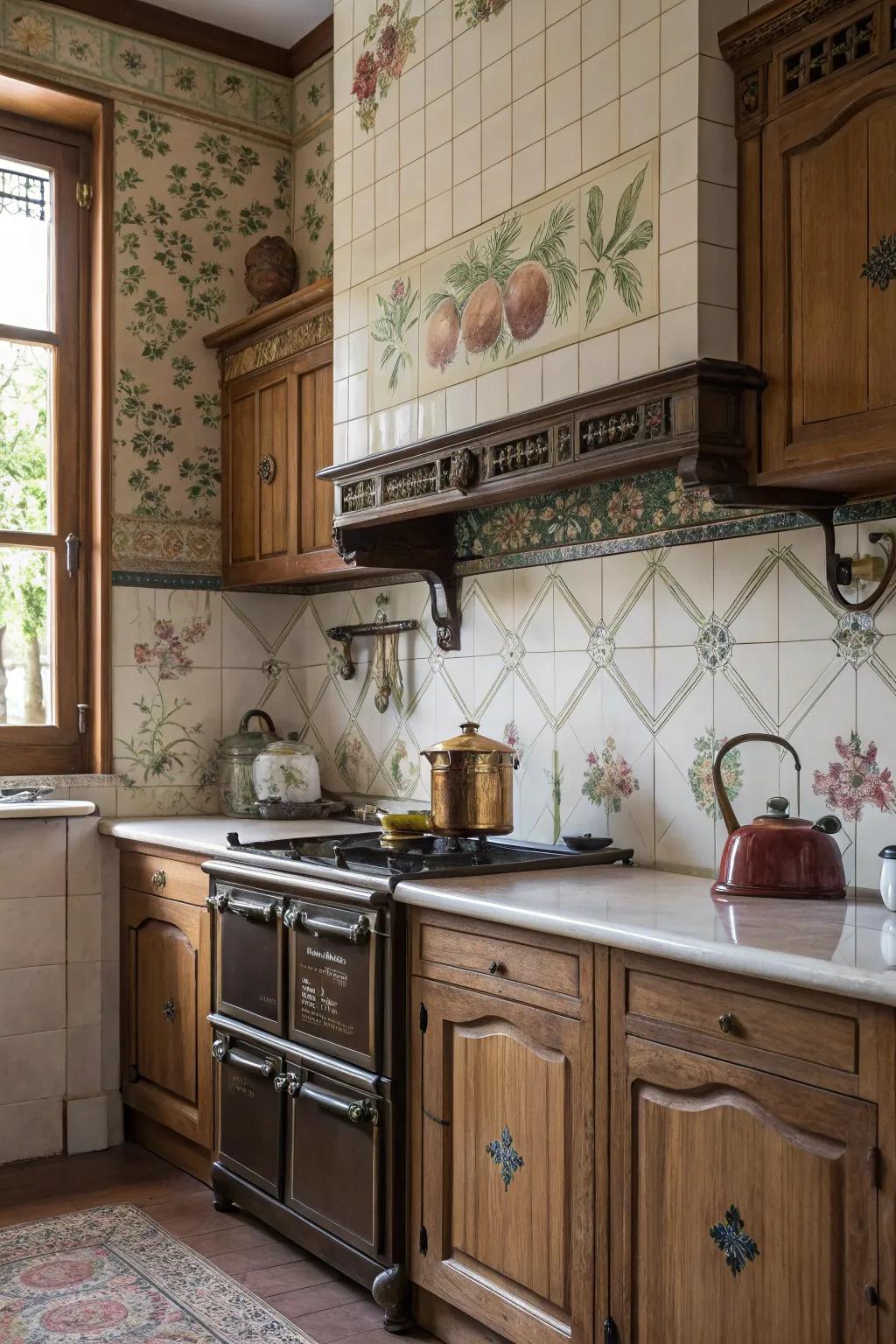 A traditional splashback with botanical blocks exudes Victorian charm.