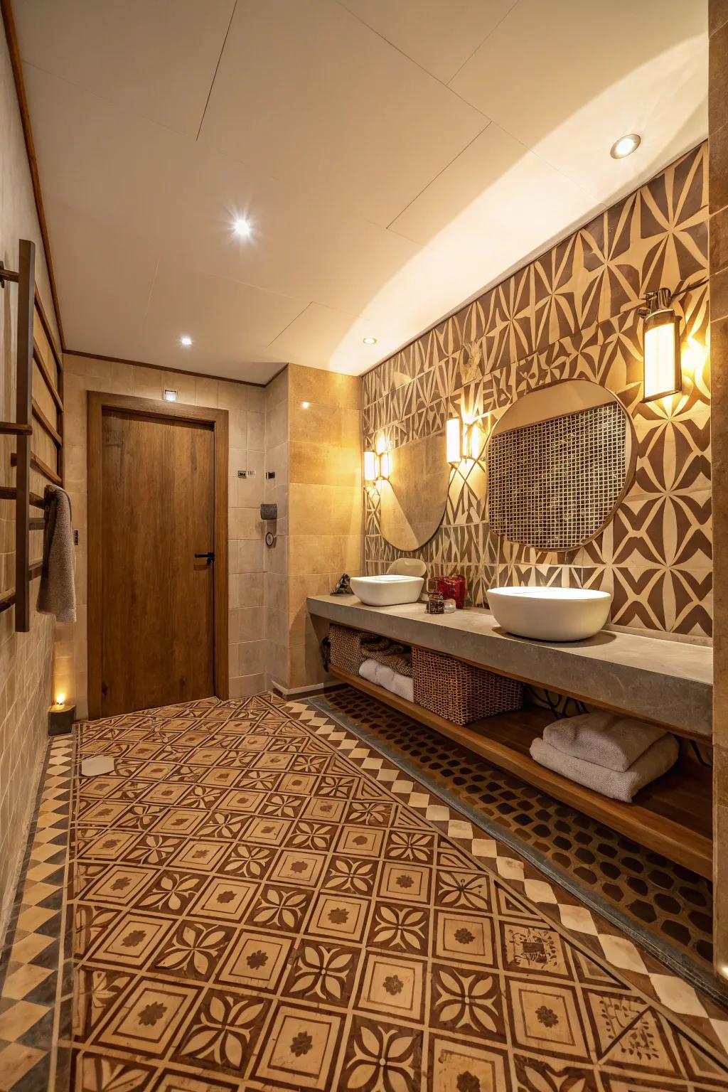 Symmetrical designs contribute a fun element to timeless brown tiles.
