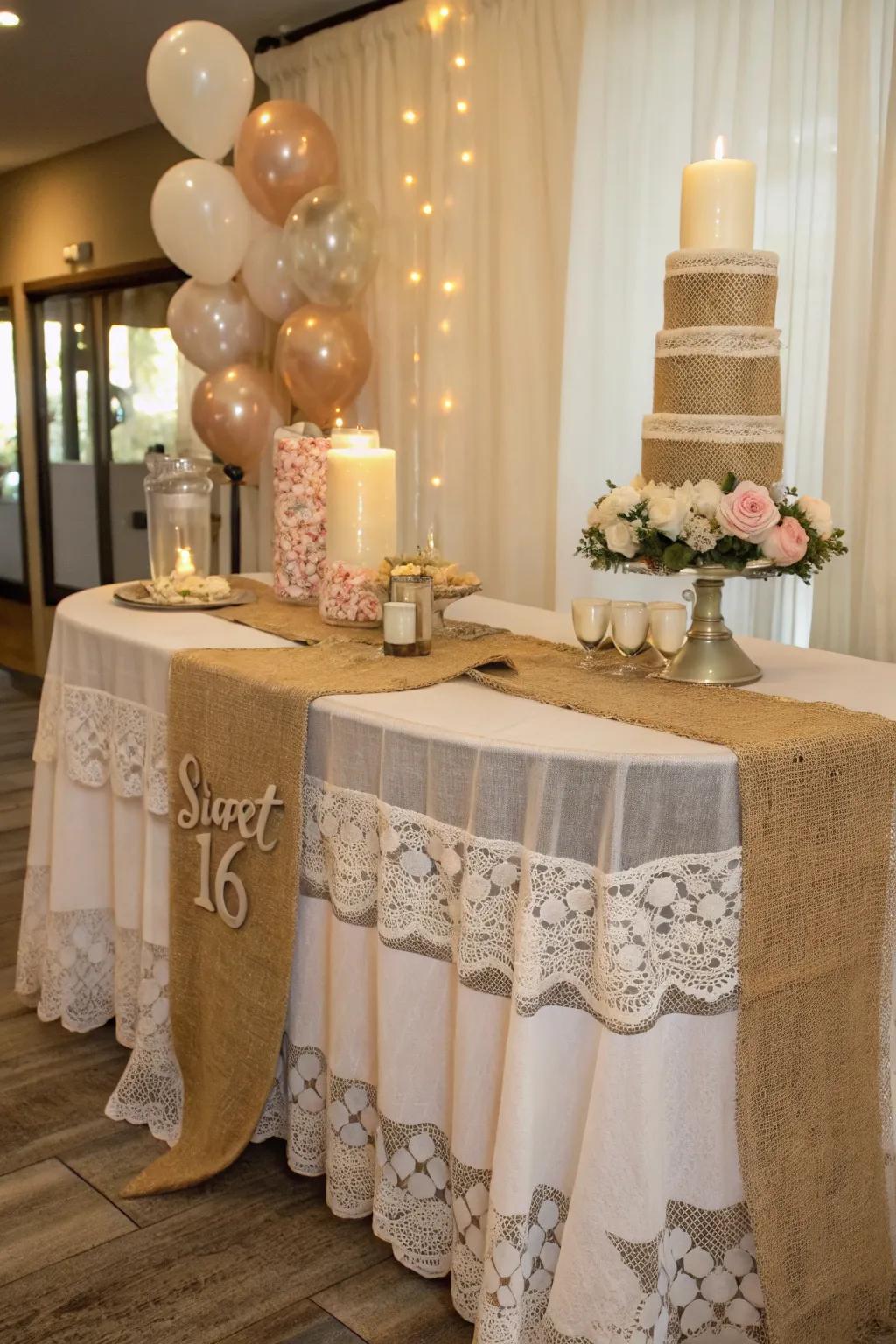 Refined lace and burlap decor for a vintage-themed party table.