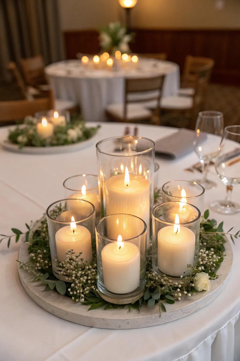 Glass candle stands highlight the splendor of the candlelight.