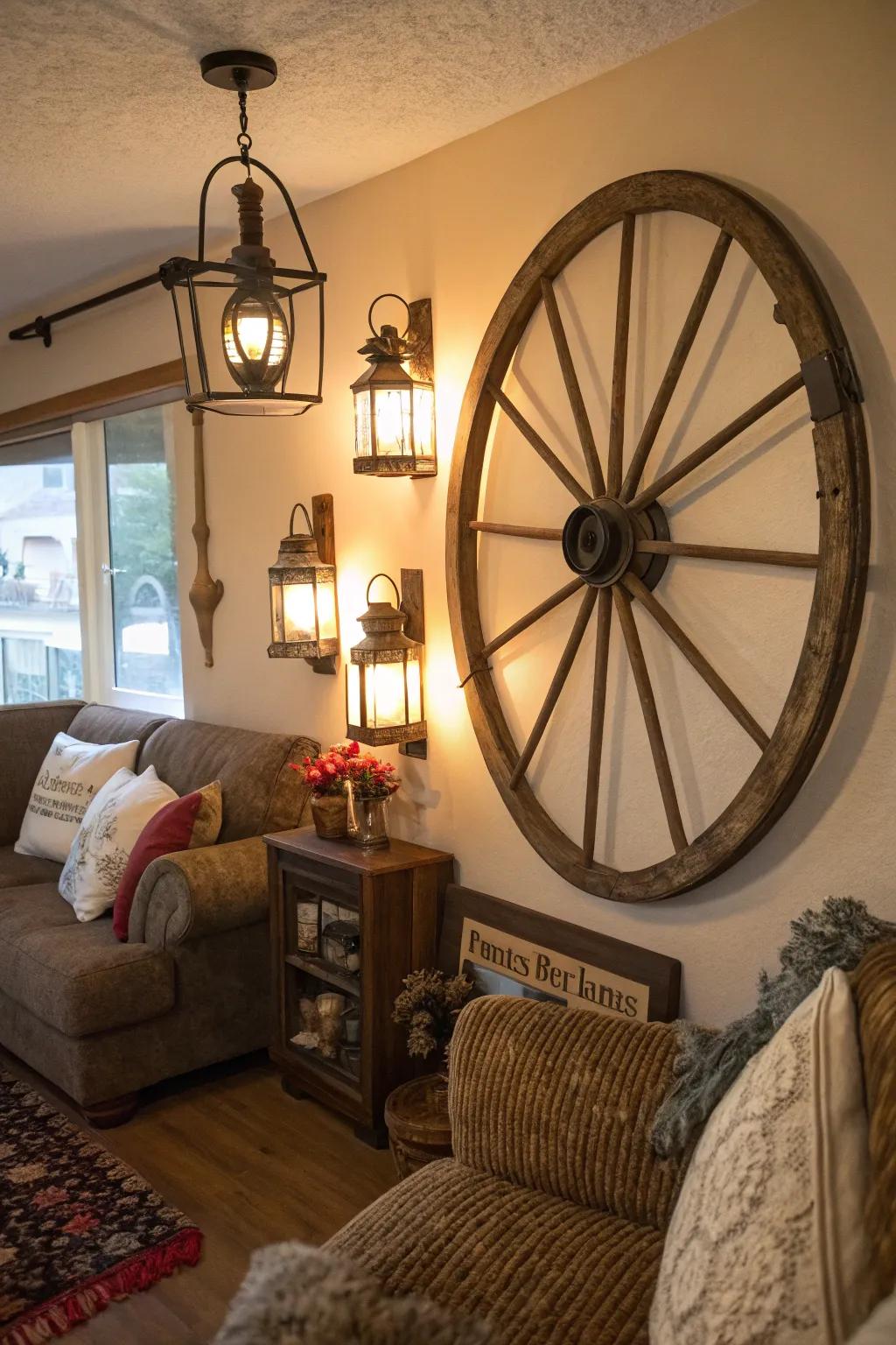 A cartwheel used as a country-style partition accent, enhanced by adjacent heritage-inspired lamps.