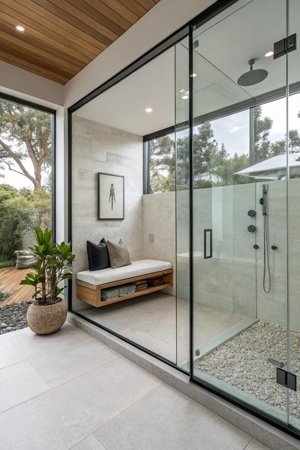 A modern floating bench design makes the shower feel more spacious and stylish.