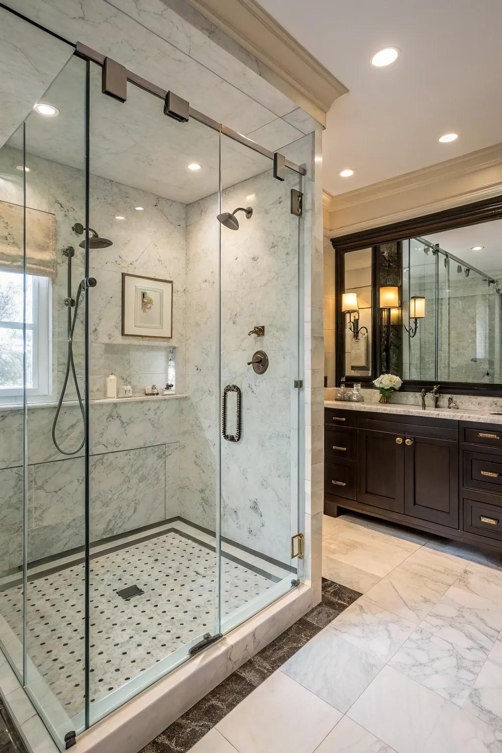 Lavish marble-like pavers and a glass partition fashion an elegant shower space.