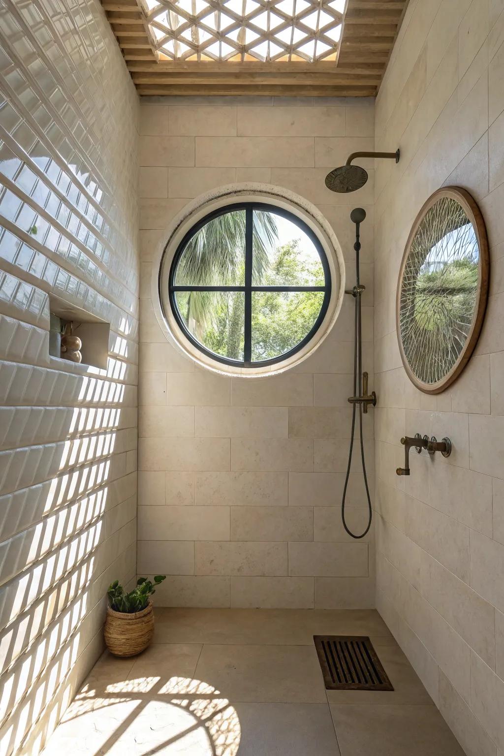 A delightful circular window in a walk-in shower, enriching the space with architectural flair and sunlight.