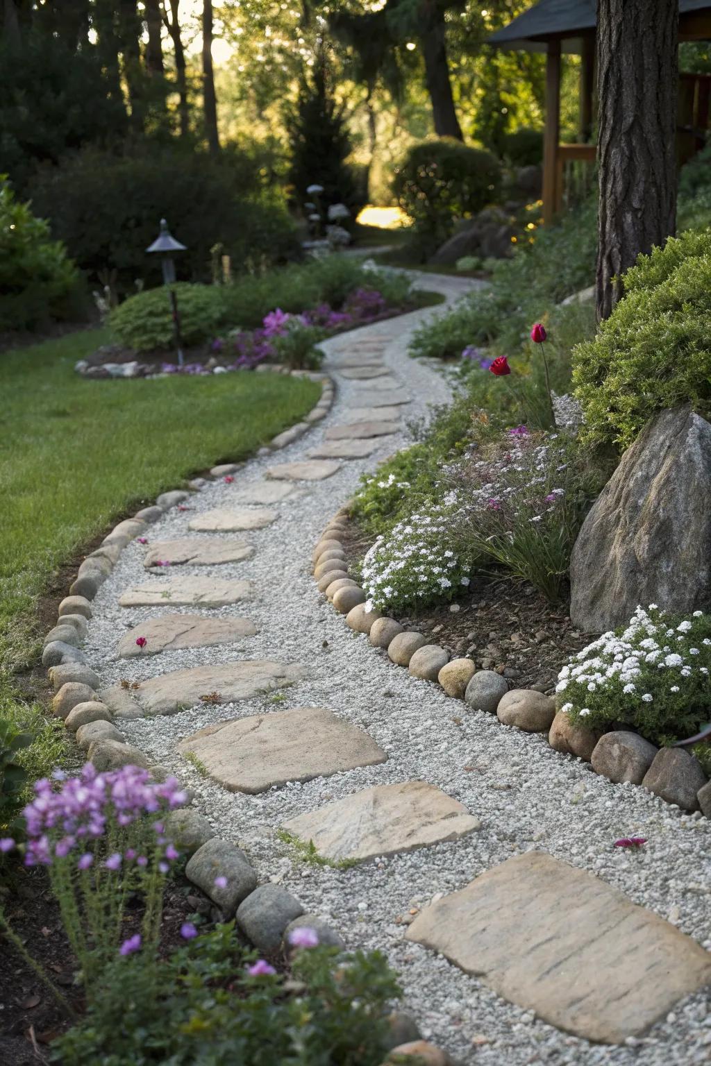 Gravel and stones create a delightful, country-style garden walkway.