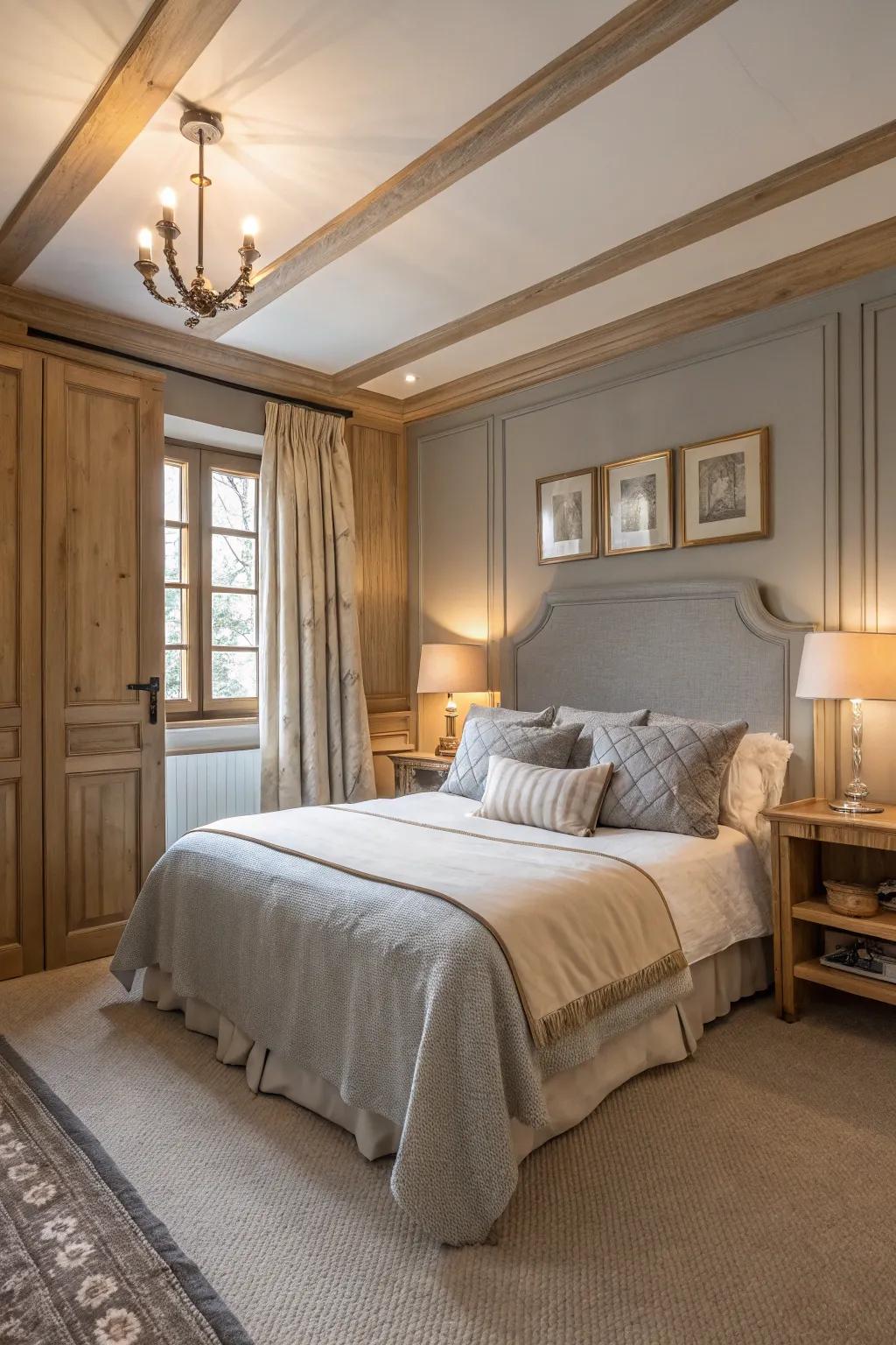 A peaceful haven featuring soft gray walls and comforting beige trim.