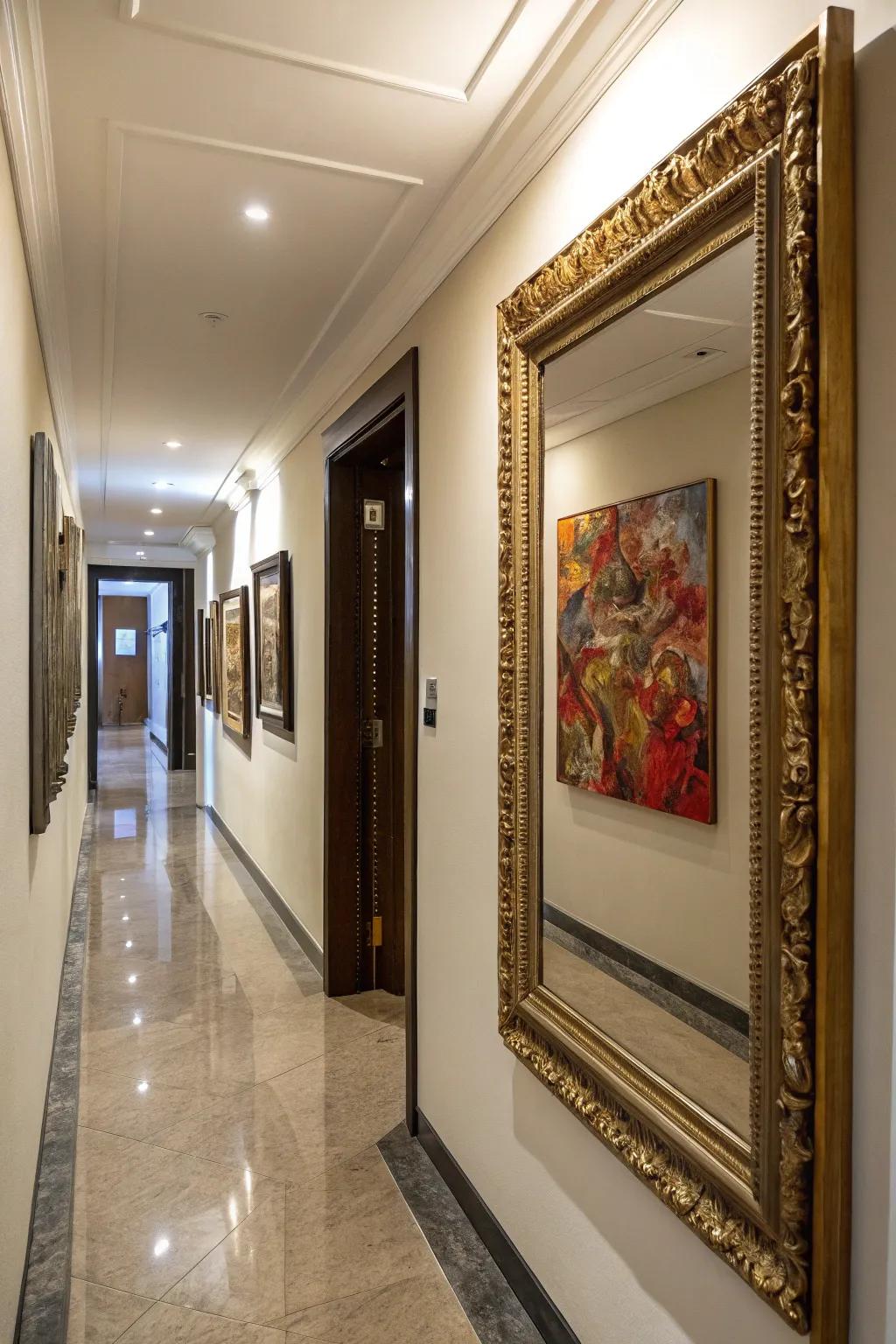 A creative utilization of mirrors to accentuate wall art.