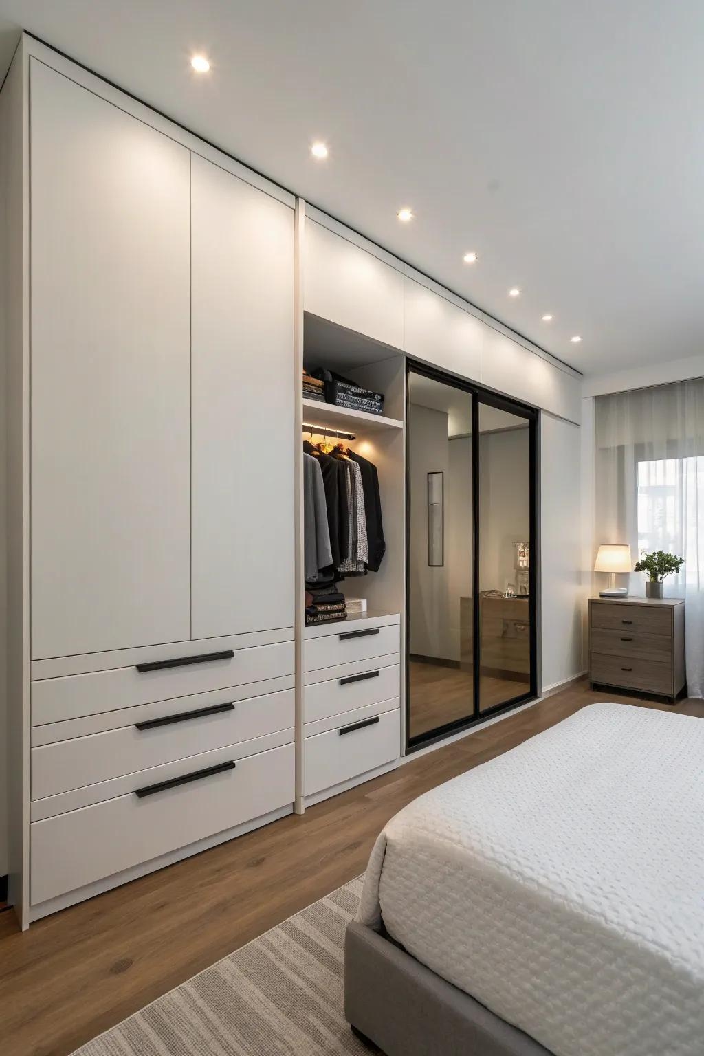 Drawers built into a wall closet give a clean and tidy look.