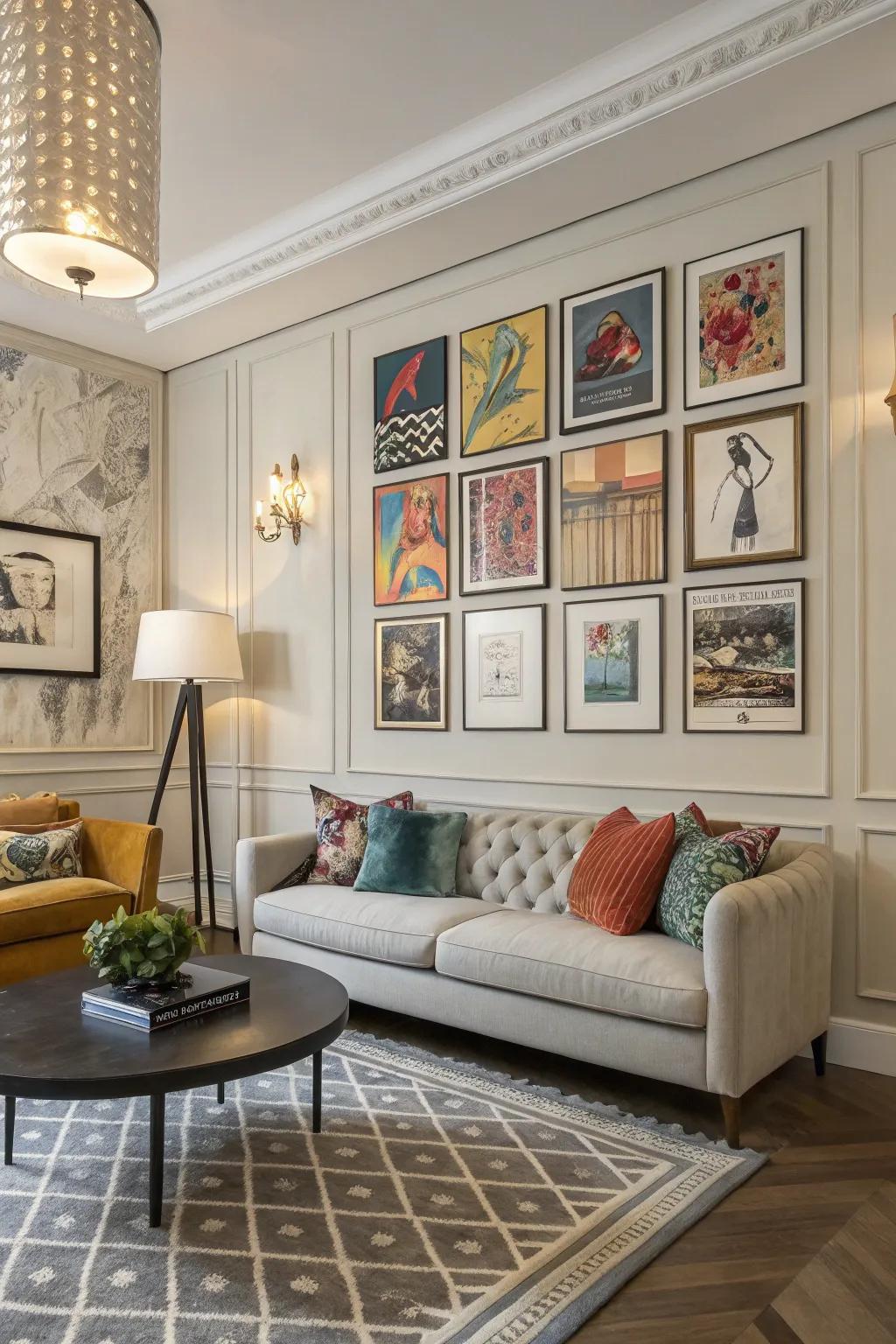 A lively mix of artwork and prints that animates a wall.