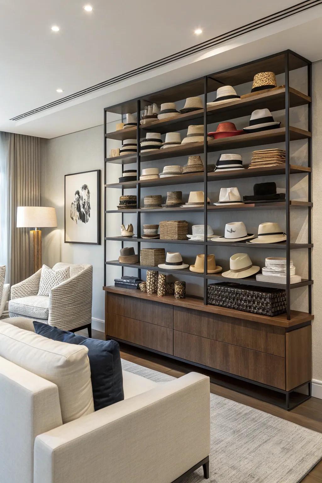 A contemporary living space showcasing a structured hat display on shelves