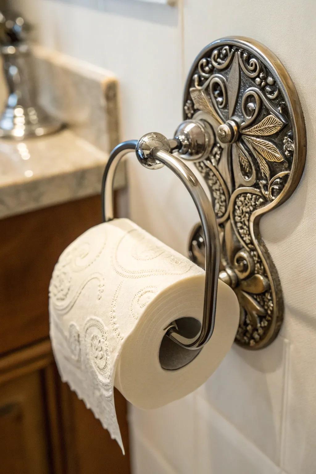 Inject some creativity with artistic toilet paper storage.