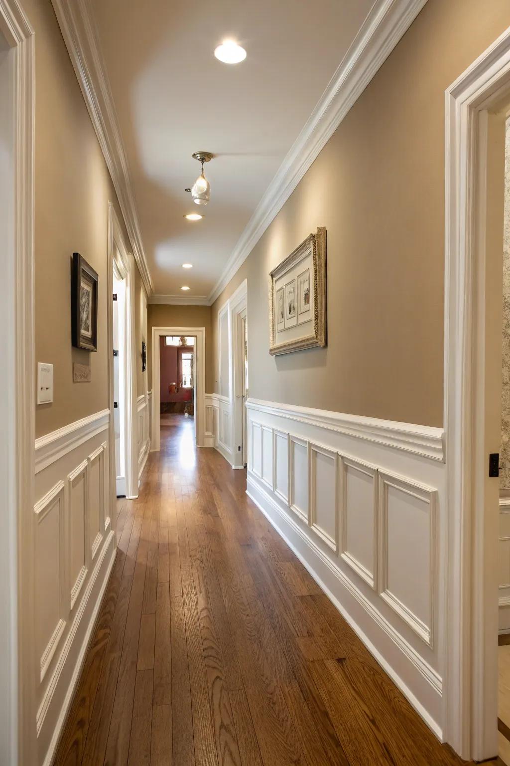 Chair rail trim offers a stylish and useful option for hallways.