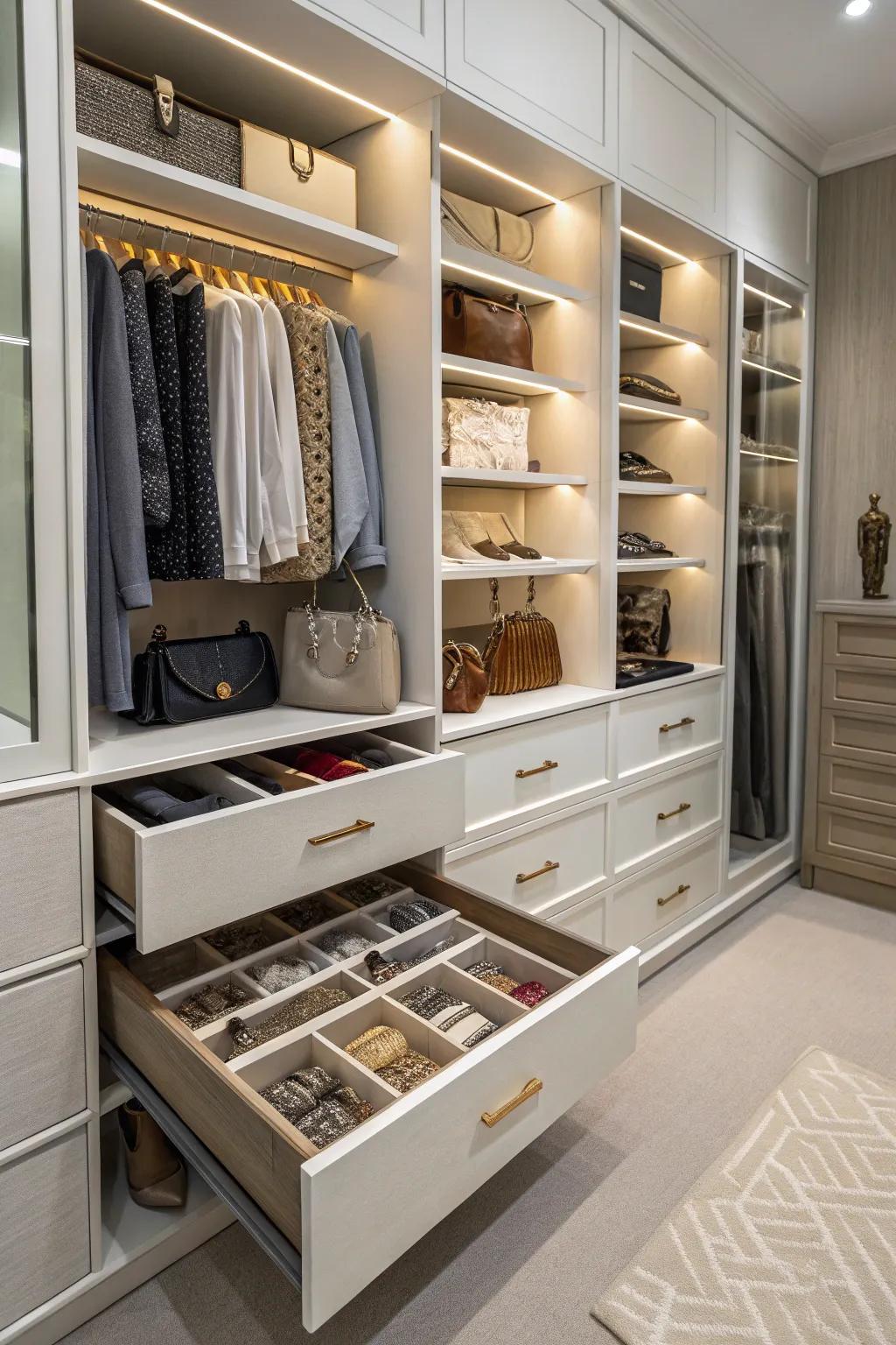 Built-in drawers maintain the organization and availability of your sundries.