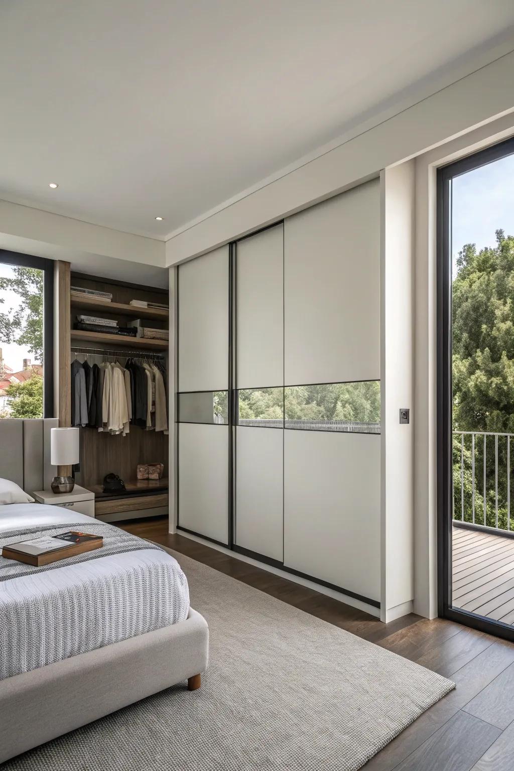 A modern closet equipped with space-efficient sliding panels.