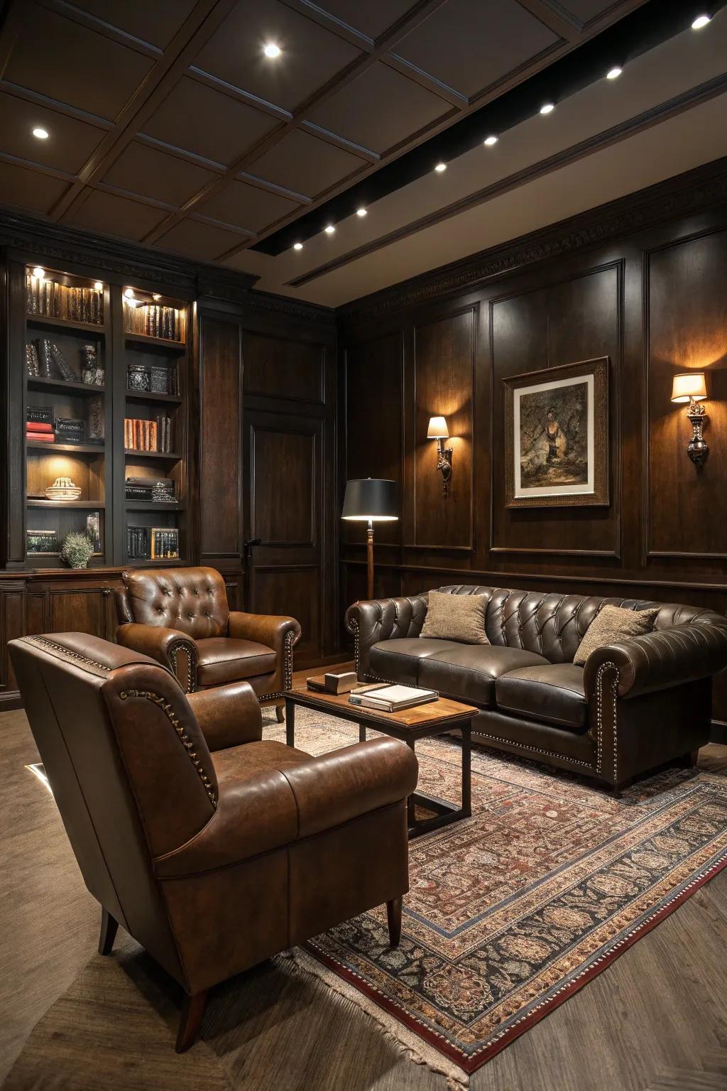 Hide furniture blends luxury and practicality in a masculine setting.