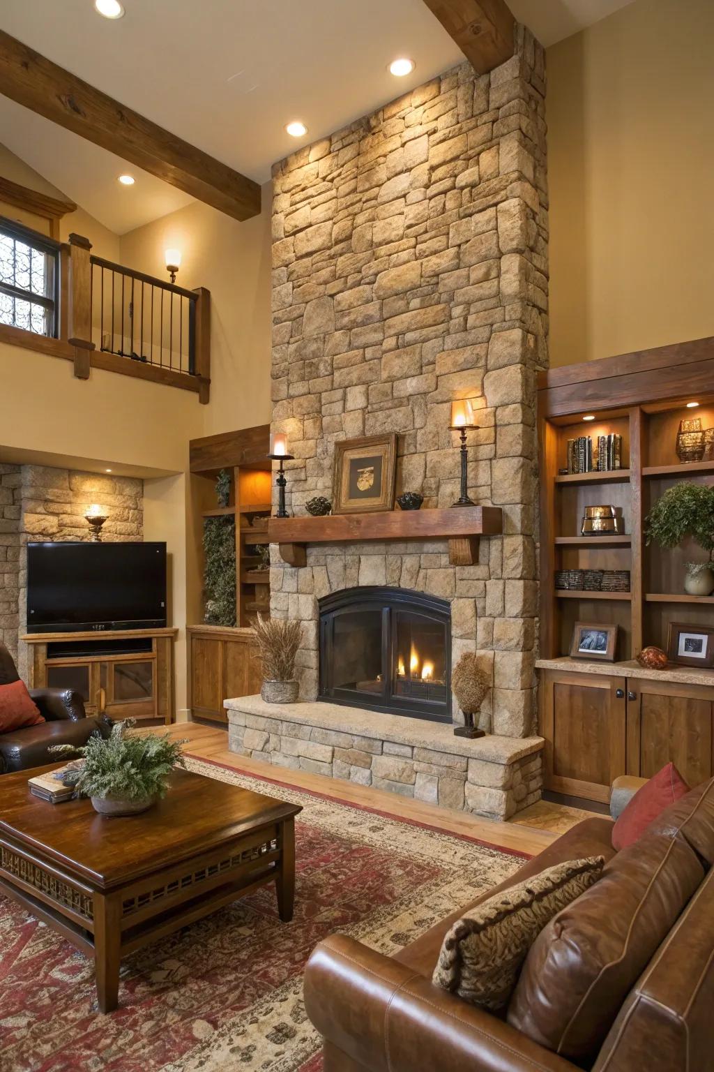 A stone fireplace draws your eye in and makes the room feel so cozy.