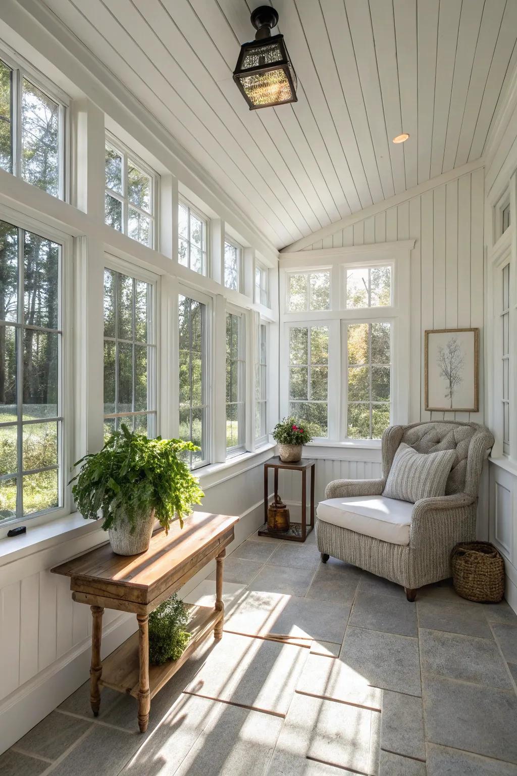A sunroom dressed in traditional off-white, radiating panache and tranquility.
