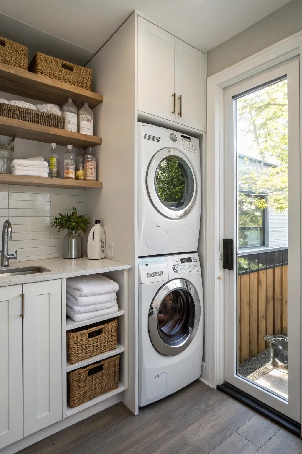 Vertical clothes cleaning system in a kitchen nook enhances space.