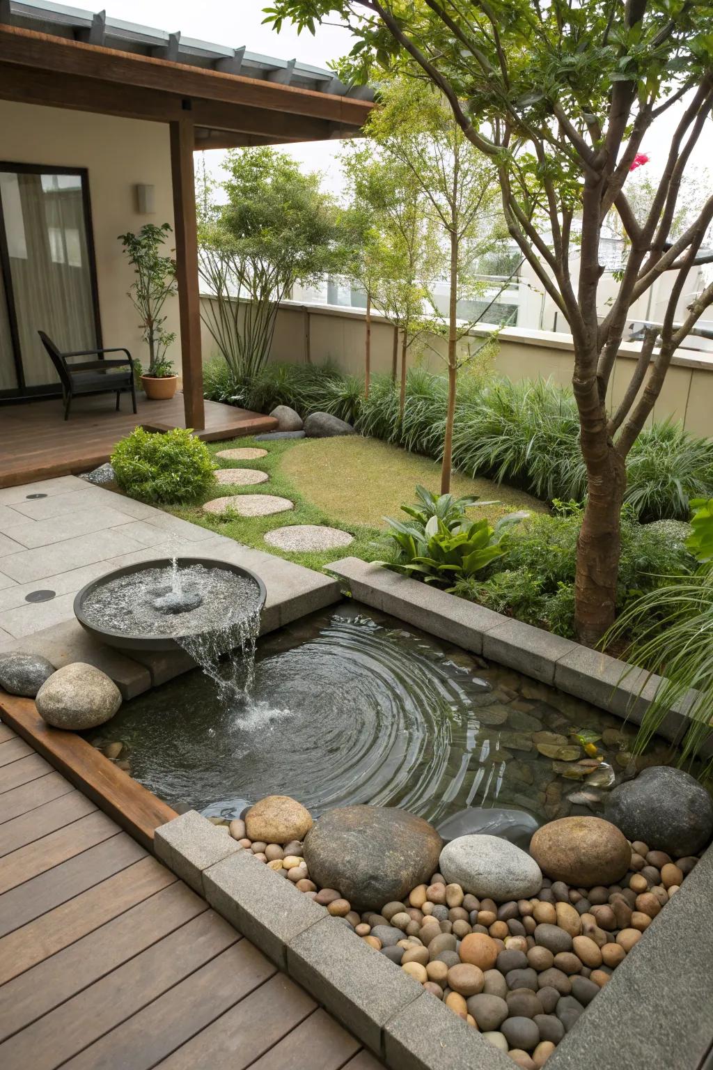A contemplative water garden crafts a serene outdoor retreat.