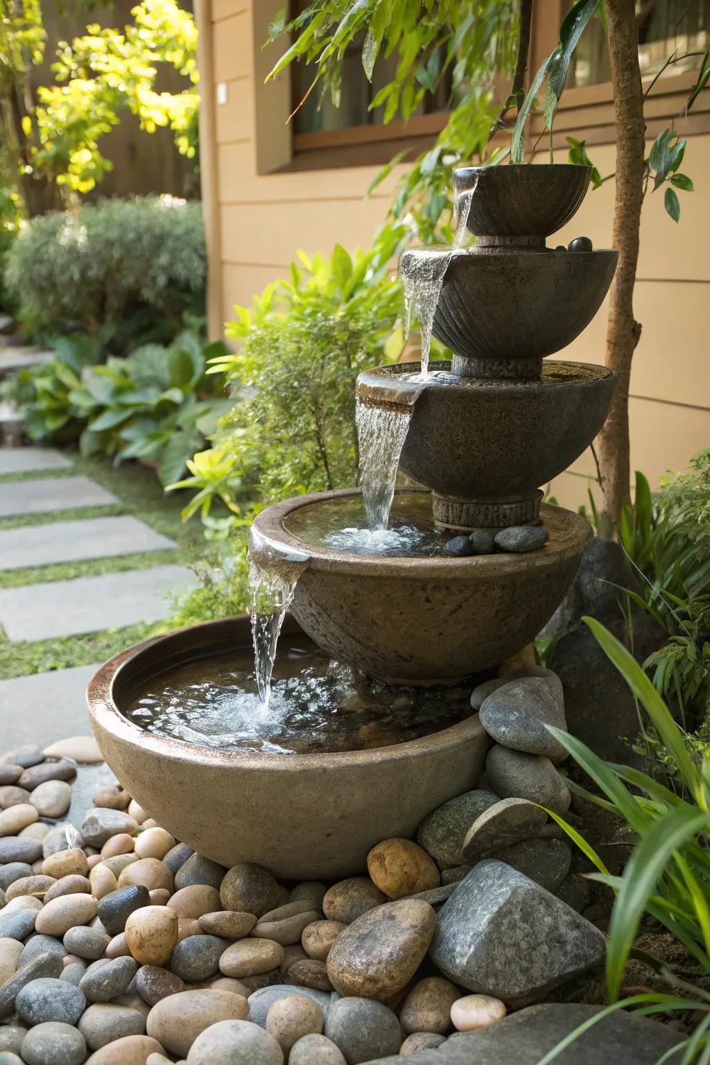 Multi-level bowls create an understated yet elegant waterfall display.