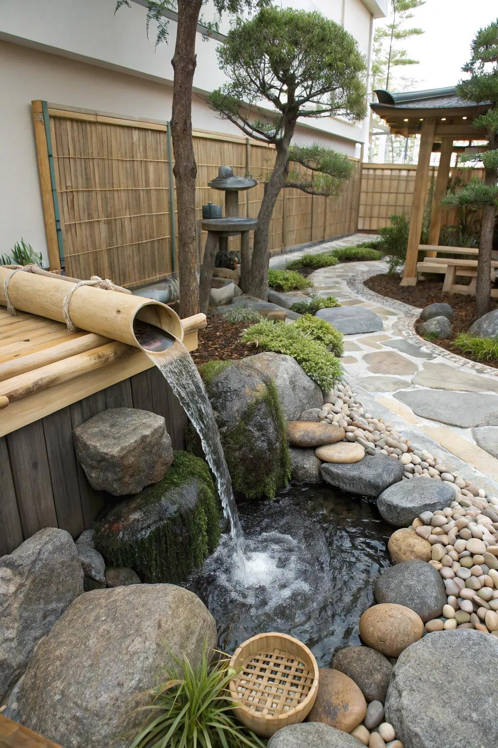 A peaceful waterfall brings a calming touch to a quiet garden.