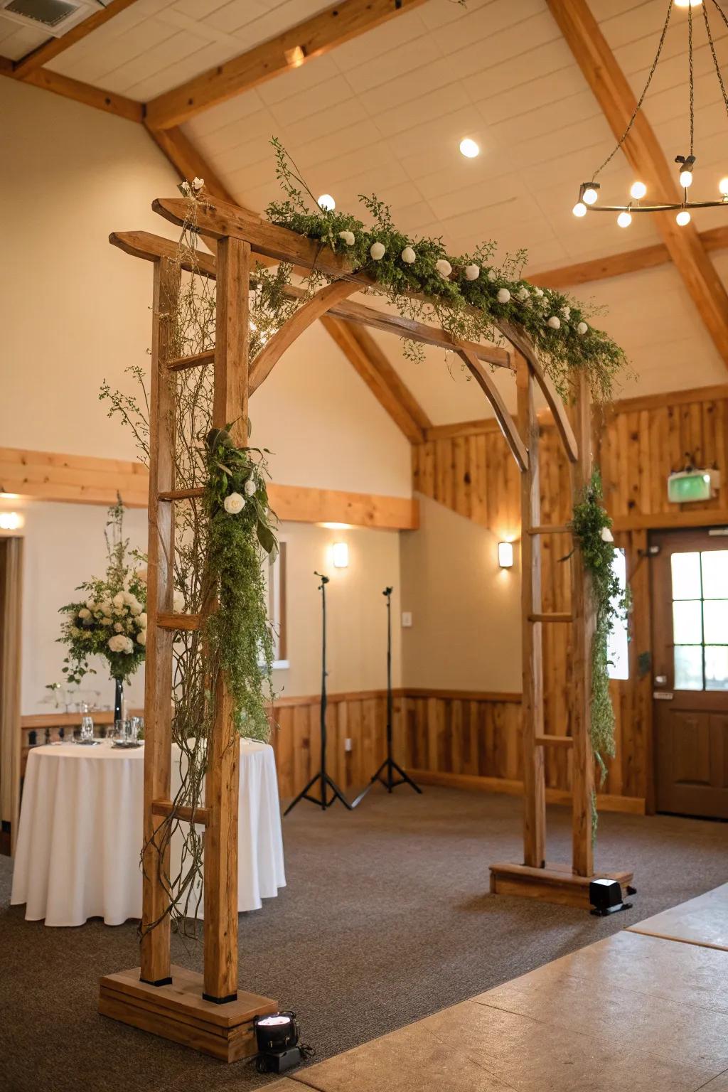A rustic wooden arch that exudes warmth and character for an indoor wedding.