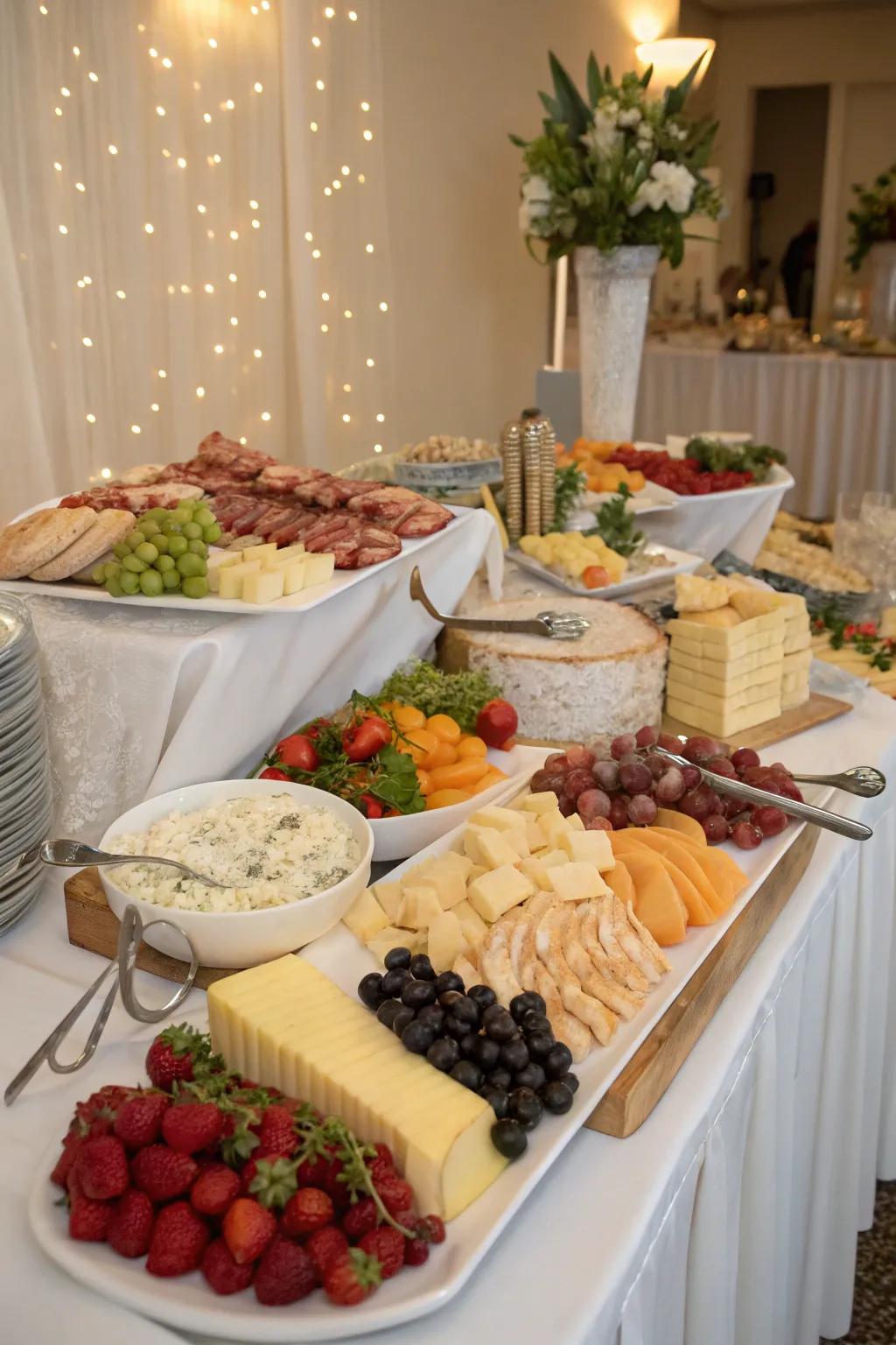 An opulent buffet-style arrangement for a wedding breakfast, offering a broad variety of delectable choices.