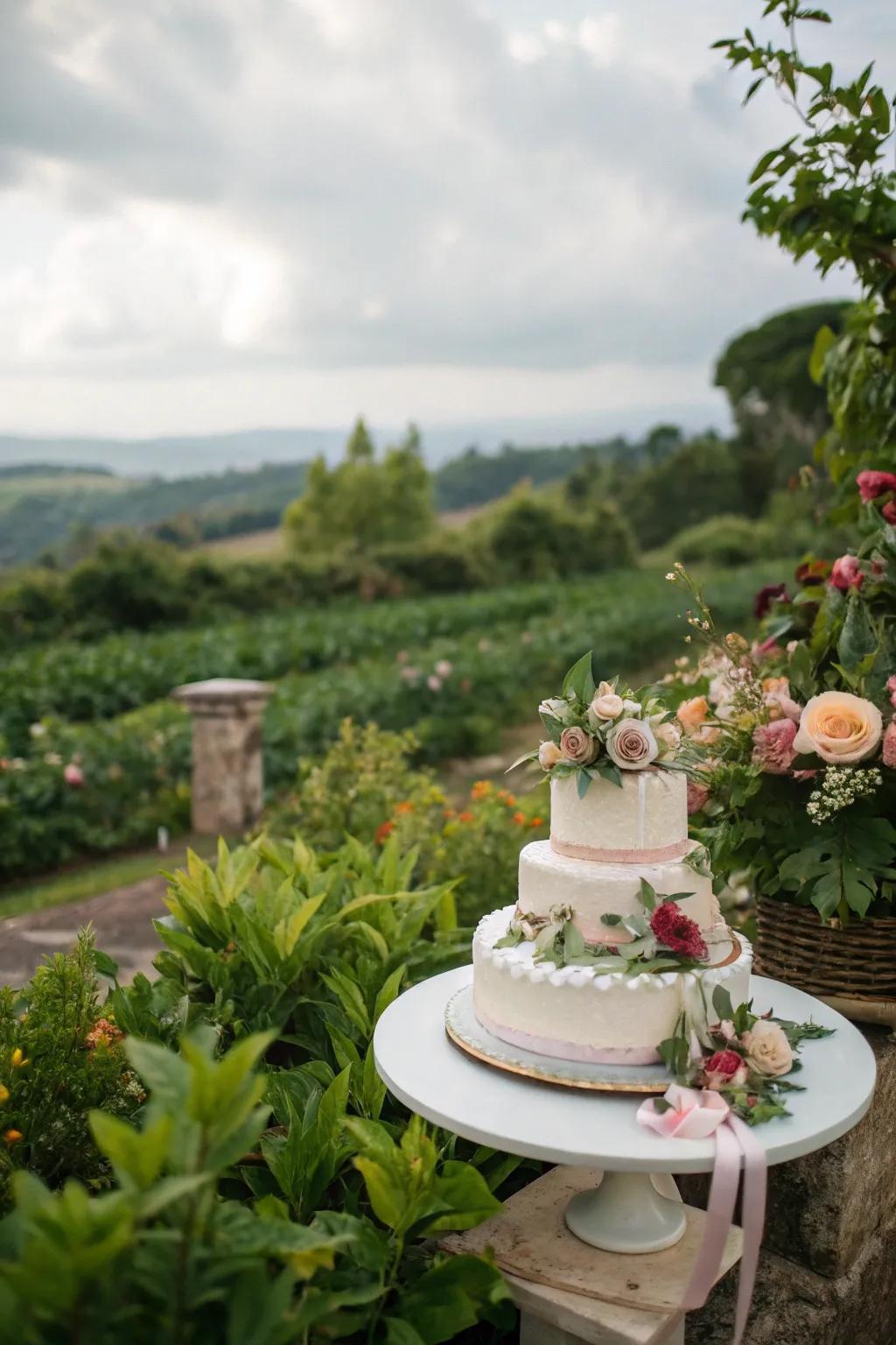 A wedding cake embraced by lively verdure for an organic aesthetic.