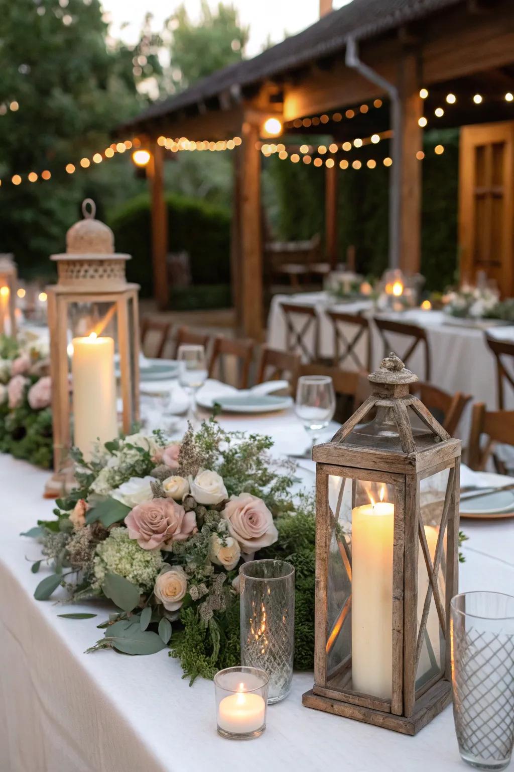 Candles and lanterns radiate a romantic light across a wedding table.