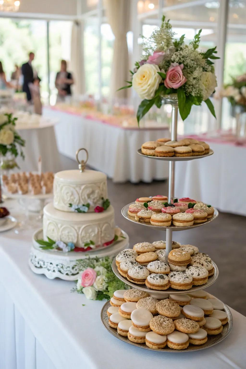 Staggered stands contribute elegance and optimize space for a wedding cookie showcase.