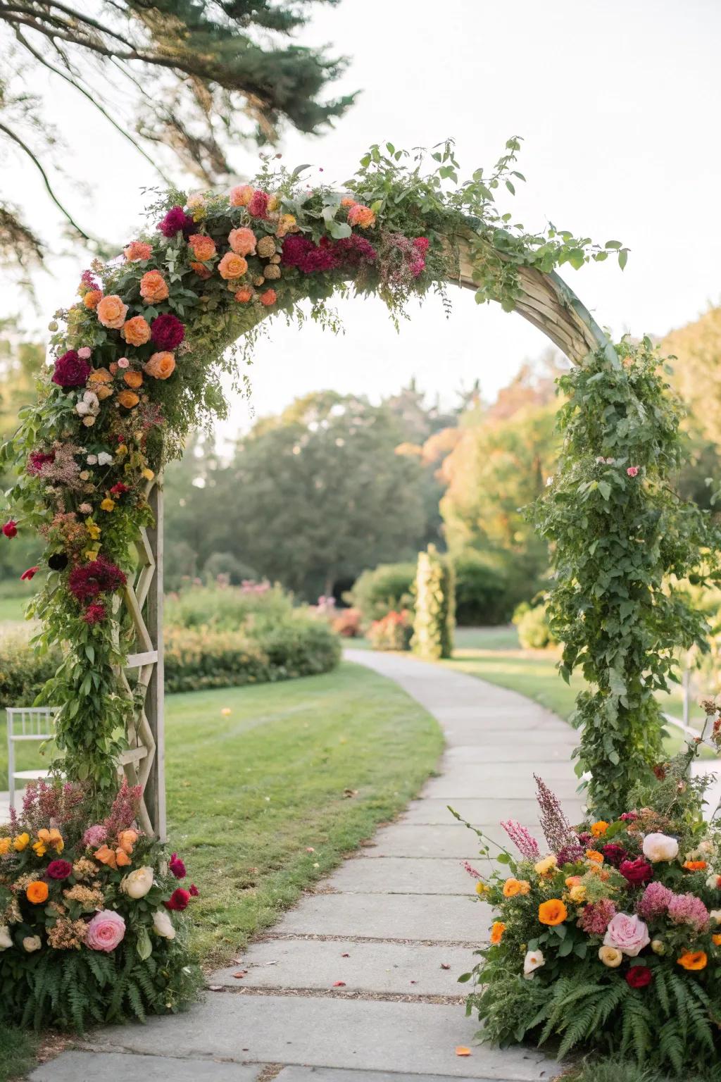 A vibrant botanical archway ideal for wedding celebrations.