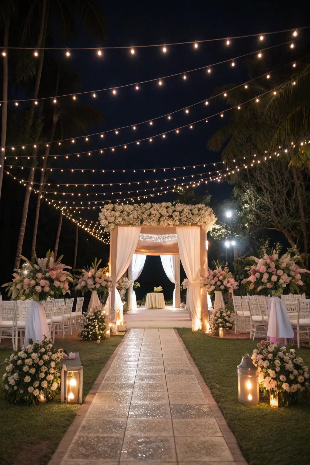 A wedding venue beautifully lit with sparkling lights, creating a romantic ambiance.