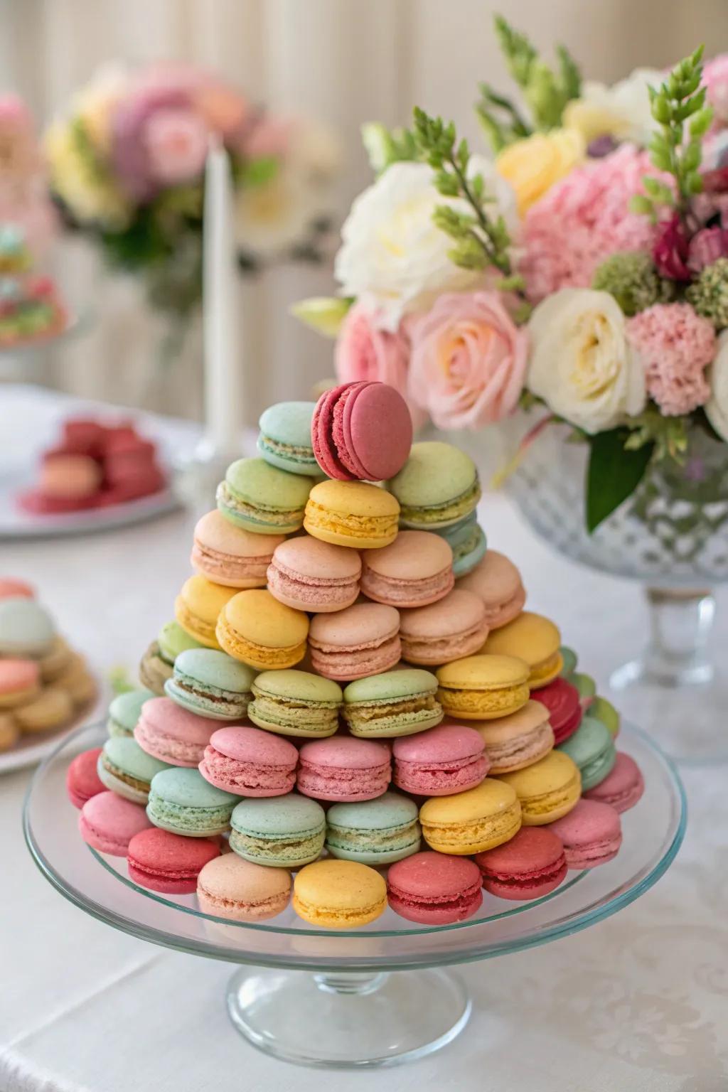 An elegant macaron pyramid, introducing a touch of class to the dessert selection.