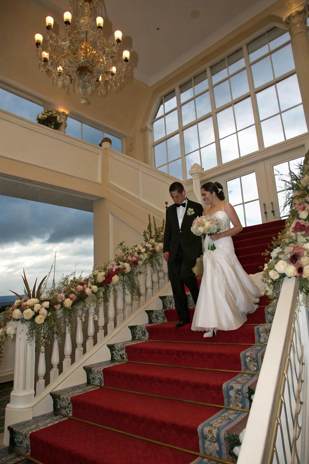 A wedding couple making a grand entrance down a beautifully decorated staircase.