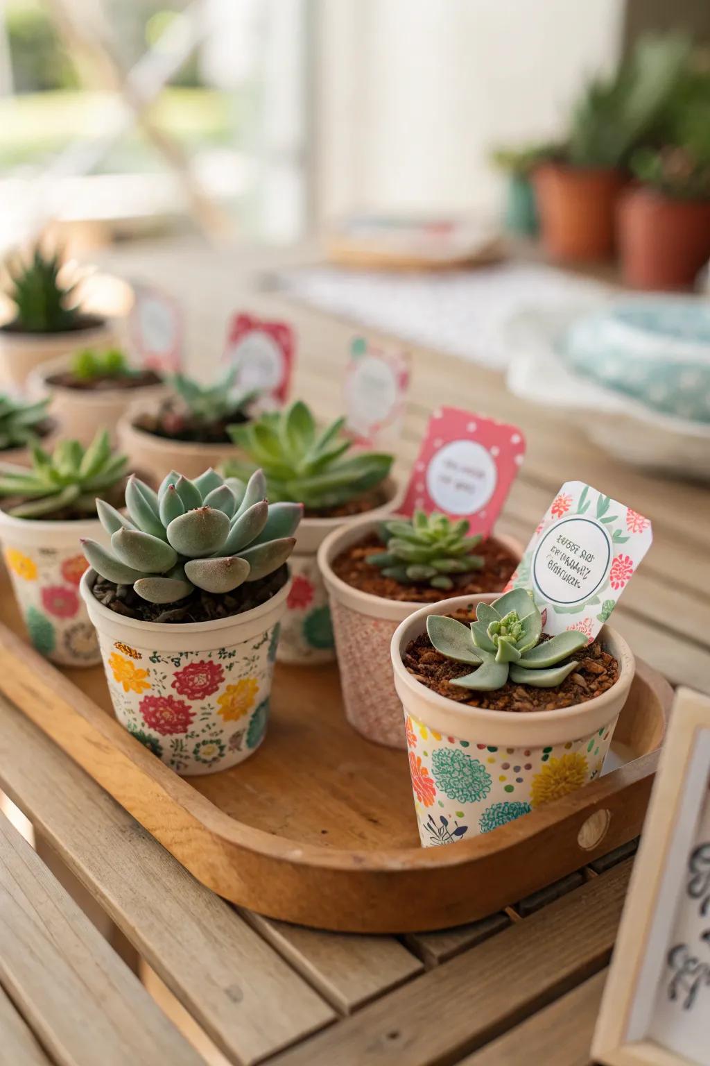 Petite potted succulents presented as eco-friendly wedding tokens